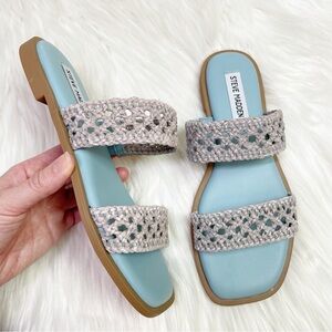 New Steve Madden Dutchess Crochet Double Strap Slide Sandals Blue Women’s Size 7